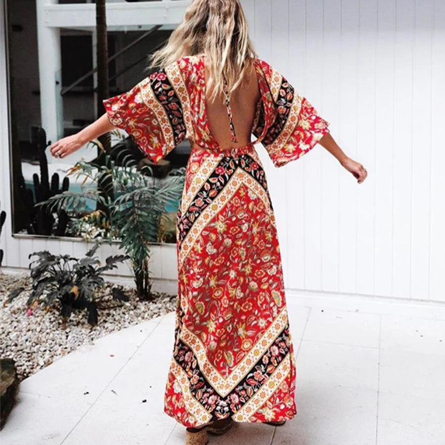 AYUALIN sexy backless women dresses cotton orange floral print boho dress v-neck Side slit maxi dress summer Dresses Vestidos