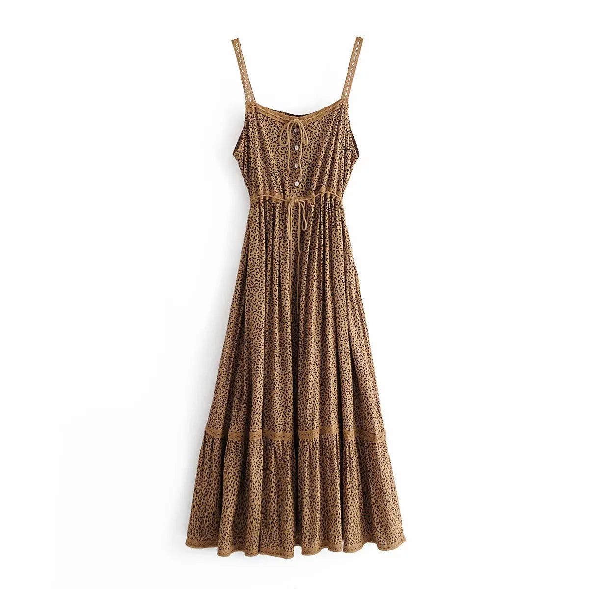 AYUALIN Sexy Sleeveless Drawstring Waist Summer Dress Boho Beach  Rayon Vintage Leopard Print Long Strap Dresses For Women