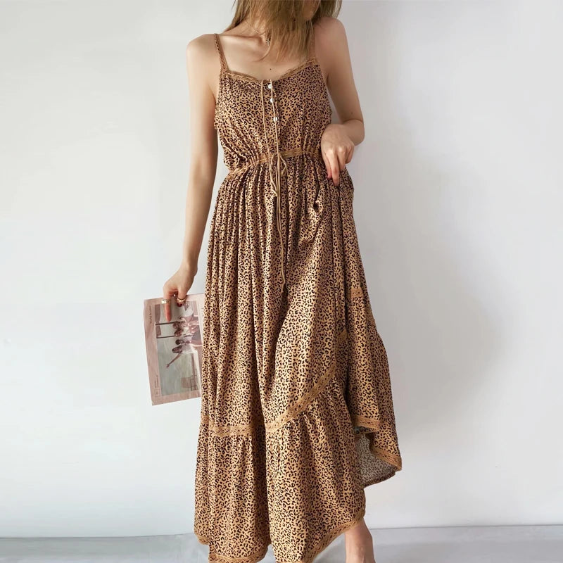 AYUALIN Sexy Sleeveless Drawstring Waist Summer Dress Boho Beach  Rayon Vintage Leopard Print Long Strap Dresses For Women