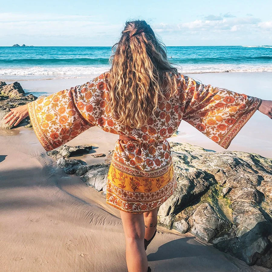 AYUALIN boho swim cover up women Cardigan blouse shirt yellow floral print Kimono sleeve summer blouses beach blouse Blusa robe