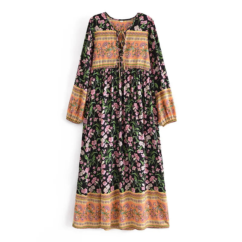 AYUALIN long sleeve beach boho tunic Dress Rayon cotton floral pirnt loose long dresses women vintage autumn robe vestidos