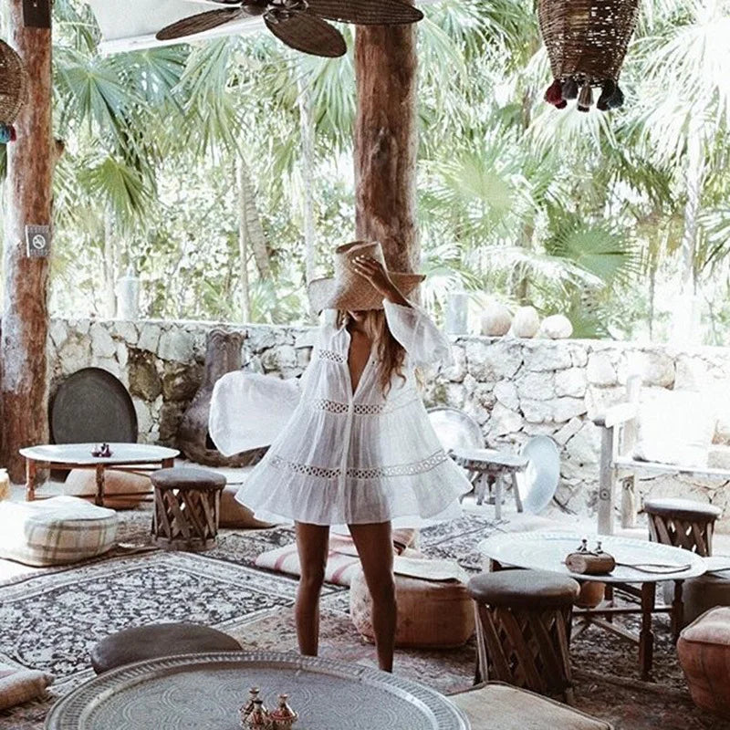 AYUALIN white long sleeve blouse shirt women beach wear cover up summer cotton rayon boho tunic robe vestidos swim coverup