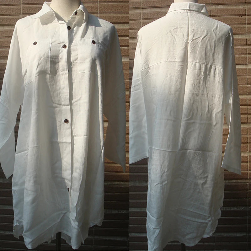 AYUALIN White Beach Cover up women blouses shirt Cotton Kaftan Beach wear Tunics long sleeve Bikini coverup boho femme top blusa
