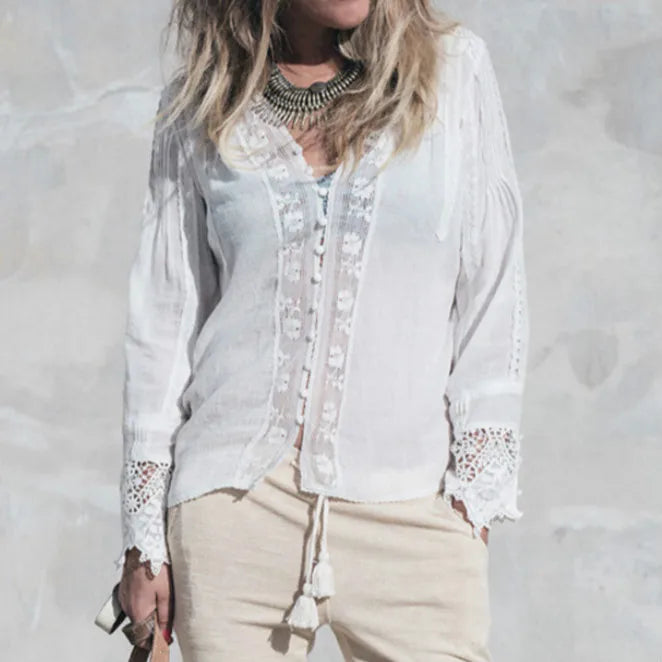 AYUALIN long sleeve white floral lace V-neck Blouses cotton Shirt Casual autumn blouse high quality Women boho Clothing blusas