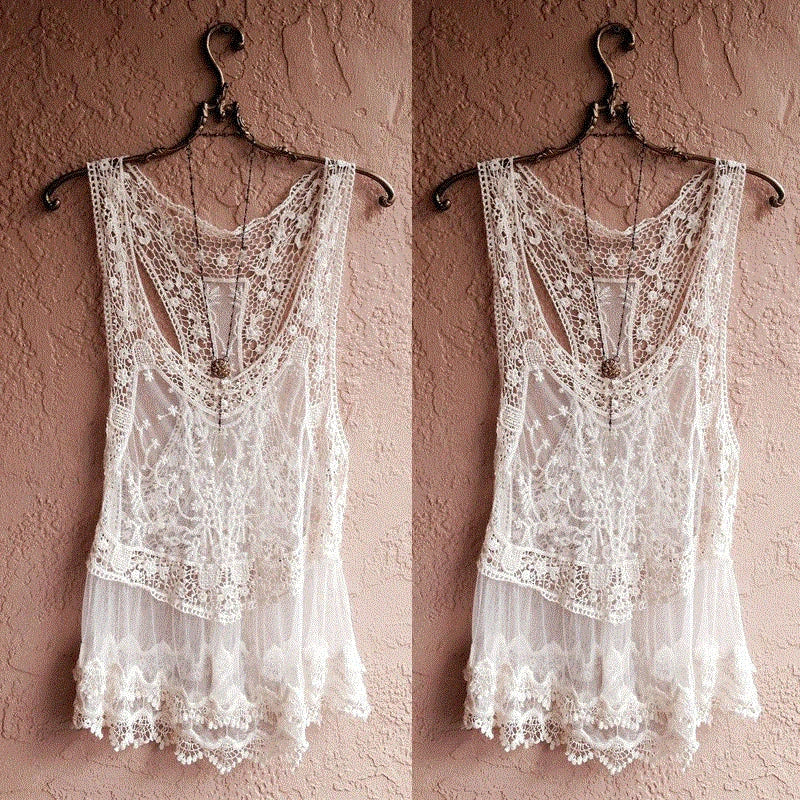 AYUALIN Sexy sleeveless Crochet Women Beach mini Dress deep v neck Swim Cover-Ups Summer Lace White Perspective vestidos robe