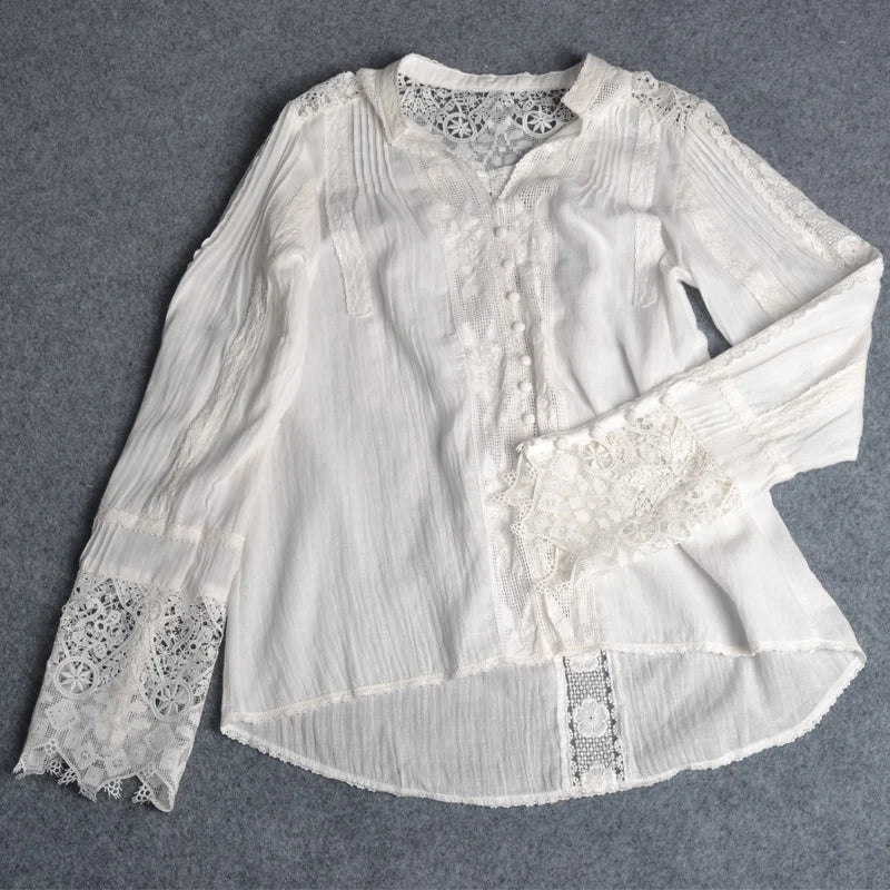 AYUALIN long sleeve white floral lace V-neck Blouses cotton Shirt Casual autumn blouse high quality Women boho Clothing blusas