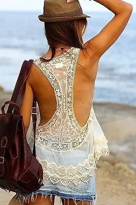 AYUALIN Sexy sleeveless Crochet Women Beach mini Dress deep v neck Swim Cover-Ups Summer Lace White Perspective vestidos robe