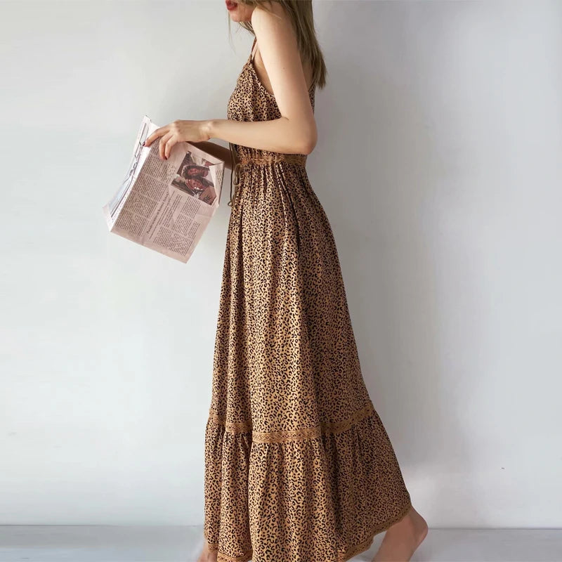 AYUALIN Sexy Sleeveless Drawstring Waist Summer Dress Boho Beach  Rayon Vintage Leopard Print Long Strap Dresses For Women