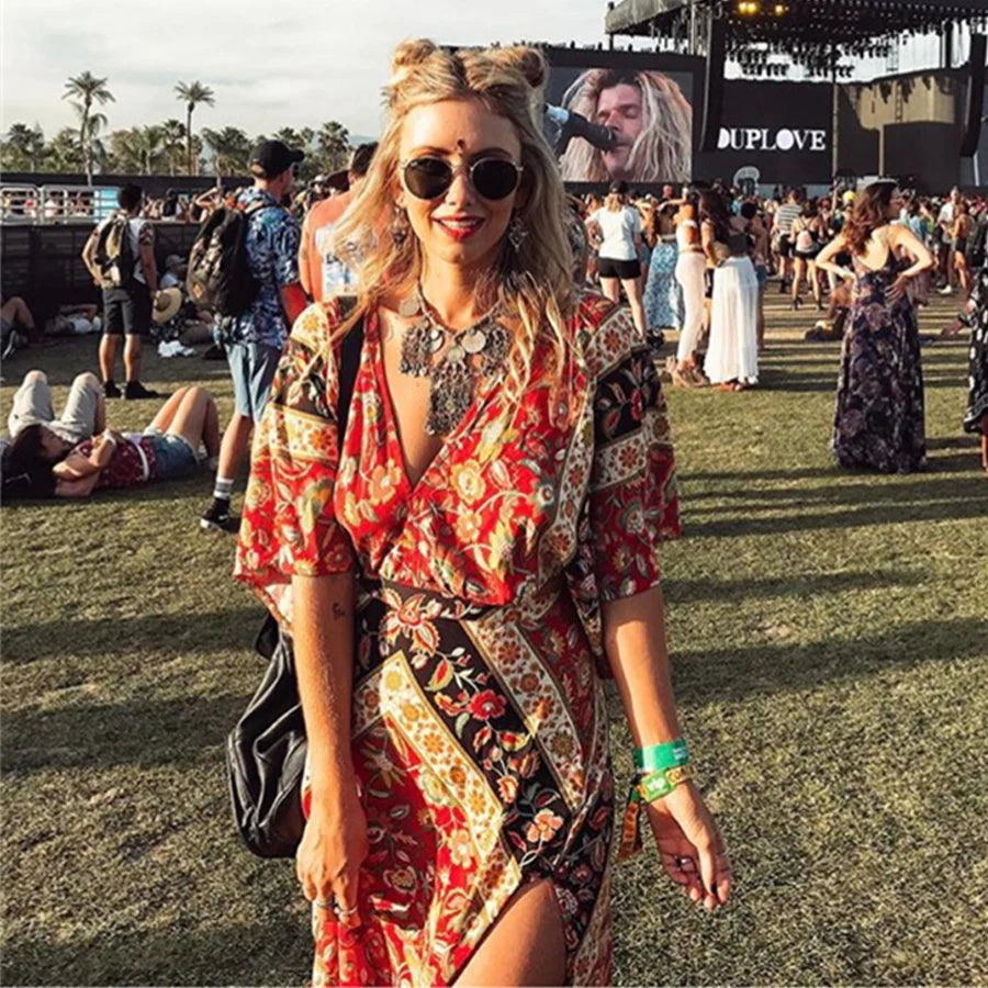 AYUALIN sexy backless women dresses cotton orange floral print boho dress v-neck Side slit maxi dress summer Dresses Vestidos