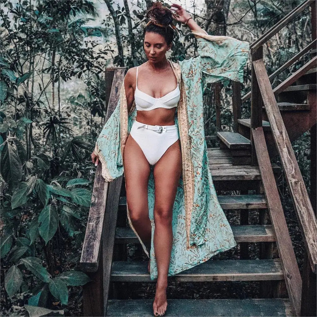 AYUALIN Kaftan women dress floral print Kimono long Sleeve Autumn dress Sexy V-neck Loose Belt Cardigan Rayon Dresses boho robe