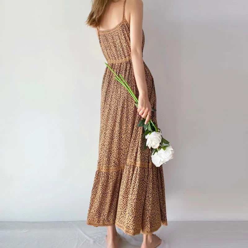 AYUALIN Sexy Sleeveless Drawstring Waist Summer Dress Boho Beach  Rayon Vintage Leopard Print Long Strap Dresses For Women