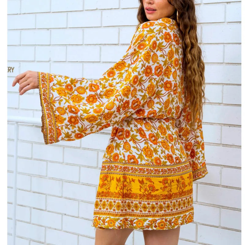 AYUALIN boho swim cover up women Cardigan blouse shirt yellow floral print Kimono sleeve summer blouses beach blouse Blusa robe