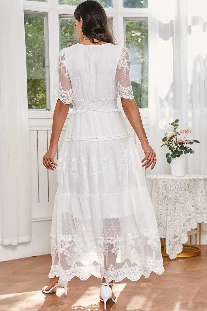 Bohemia Lace Maxi Dresses Women Party Vintage V Neck Elastic Waist Summer Dress Soft Chiffon Ruffles Boho Beach Ladies Vestidos