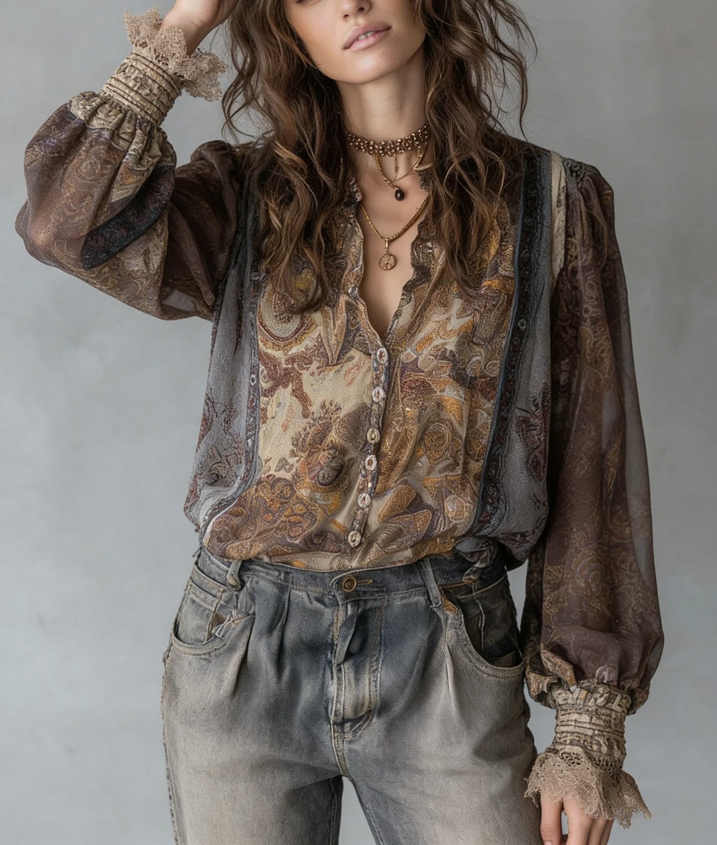 Loose Long Sleeve V Neck Blouses Shirts Women Tops Vintage Chiffon Floral Printed Splice Lace Boho Beach Blouse Ladies Spring