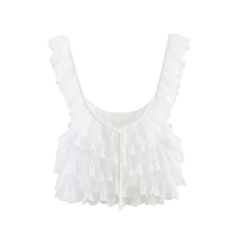 Creamy Lace Ruffled Layered Strappy Top Women Blouses Vintage Sleeveless O Neck Cropped Camisole Boho Beach Sheer Tanks Tops