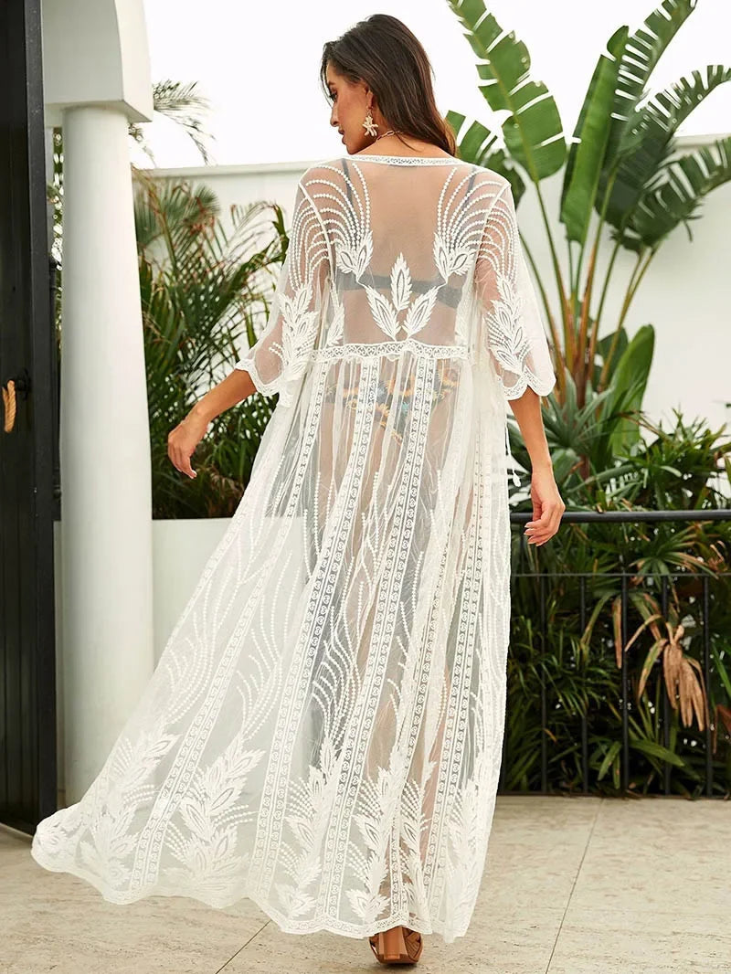 AYUALIN Lace Bikini Cover Up Sexy See Through Kimono Robe Women Dress Vintage White Floral Embroidery Beach Boho Summer Vestidos