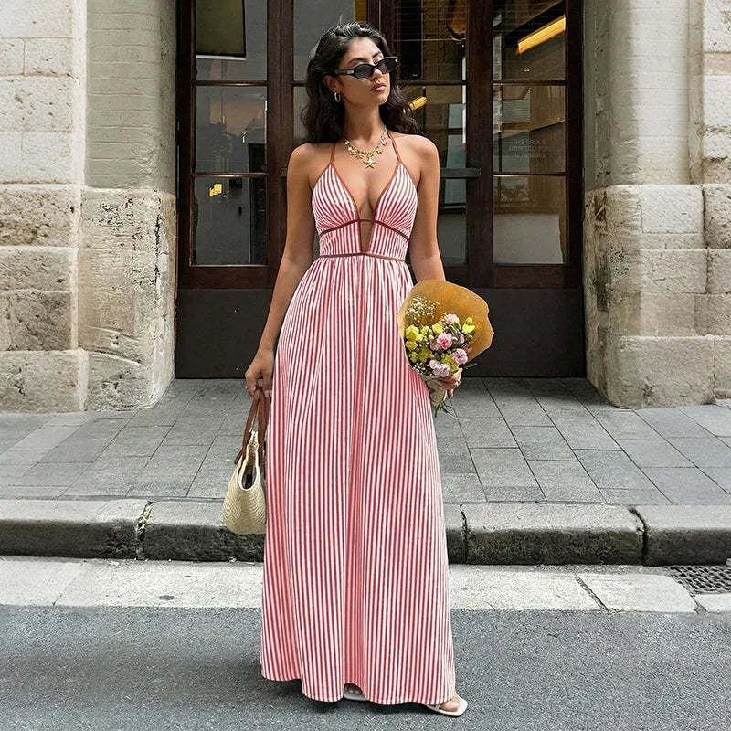 Backless Sleeveless Deep V-Neck Maxi Dress for Women Robe Cotton Linen Striped Long Summer Dresses Boho Beach Party Vestidos