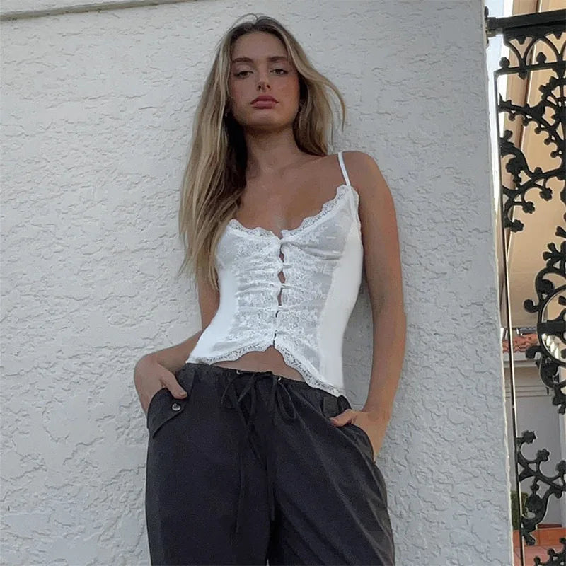 Lace Camis Sexy Sleeveless Deep V Neck Crop Top Women Summer Vintage Strap Blouses Tees Shirts Boho Beach Wear Holiday Cute Tops