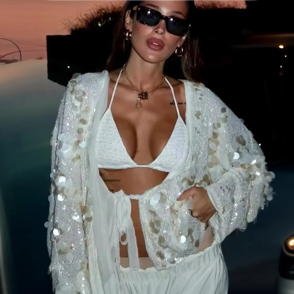 Boho Chiffon Sequin Splicing Jackets Women's Blouses Shirts Oversize Loose Long Sleeve Holiday Jacket Lace-up Beach Wear Outfit