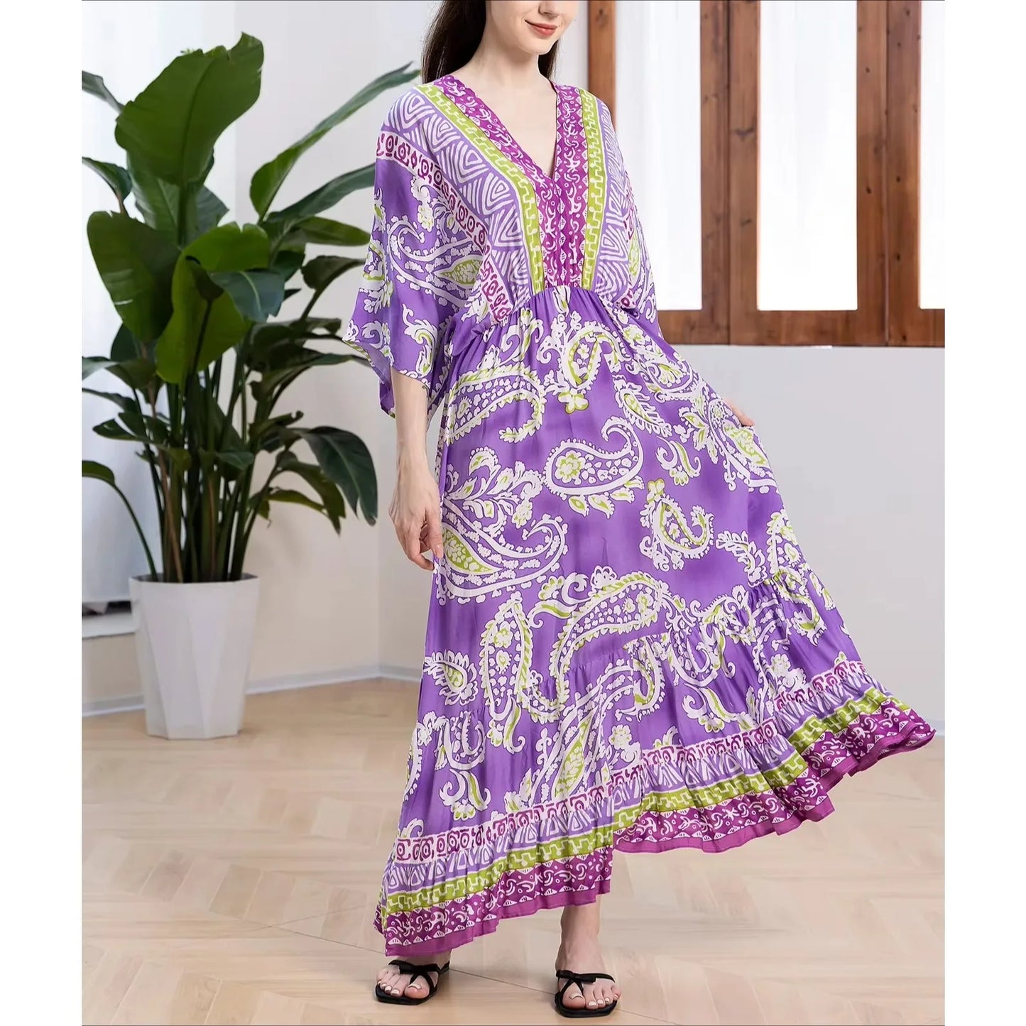 Deep V Neck Cotton Rayon Floral Printed Long Dress Summer Boho Beach Cover up Casual Loose Elastic Waist Maxi Dresses Women Robe