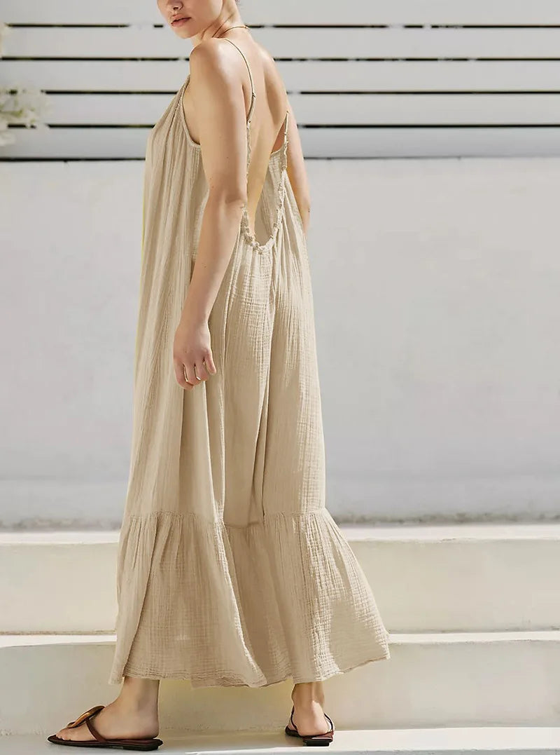 100% Cotton Bohemian Long Dress for Women Robe Casual Loose Sexy Backless Sleeveless Summer Boho Beach Wear Relaxed Vestidos