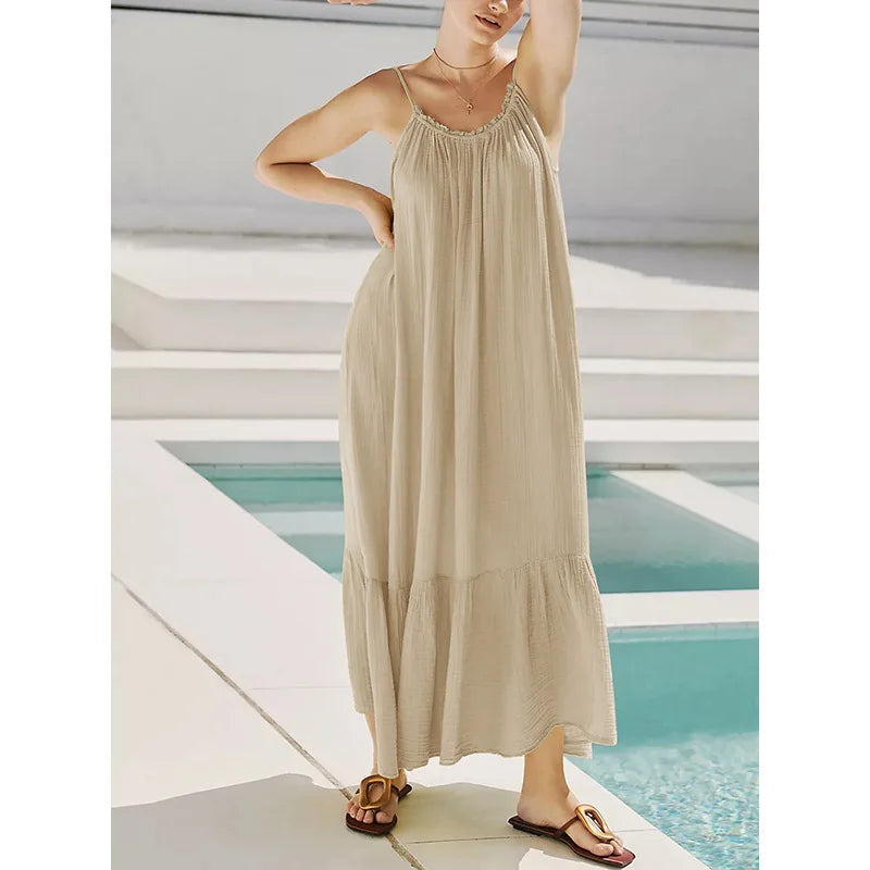 100% Cotton Bohemian Long Dress for Women Robe Casual Loose Sexy Backless Sleeveless Summer Boho Beach Wear Relaxed Vestidos