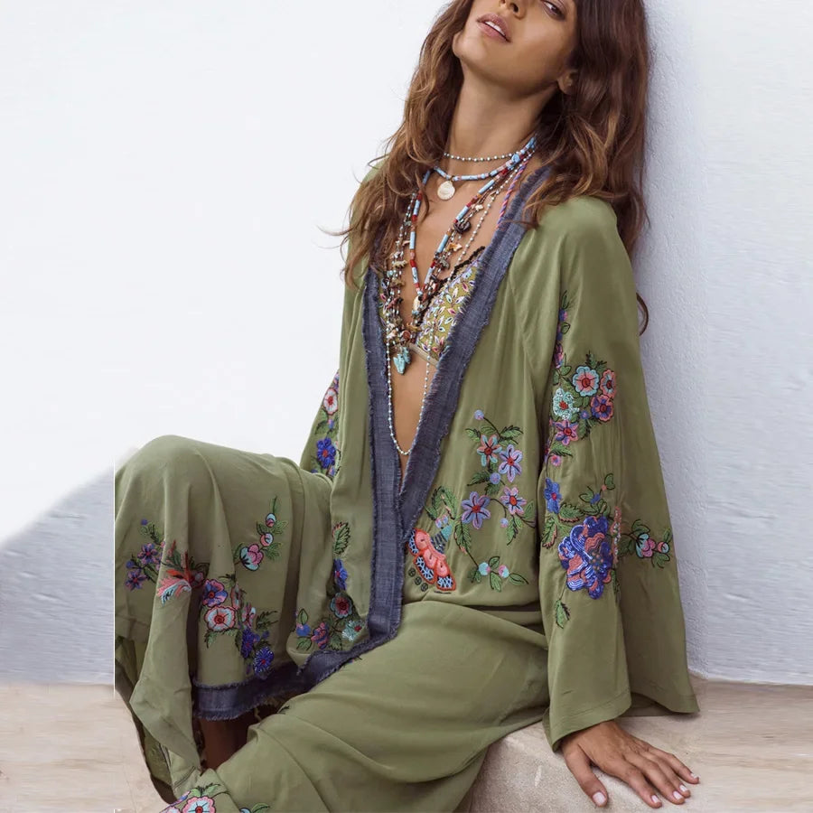 Long Cardigan for Women Kaftan Robe Light Green Cotton Rayon Floral Embroidery Beach Wear Blouse Long Sleeve Loose Boho Vestidos