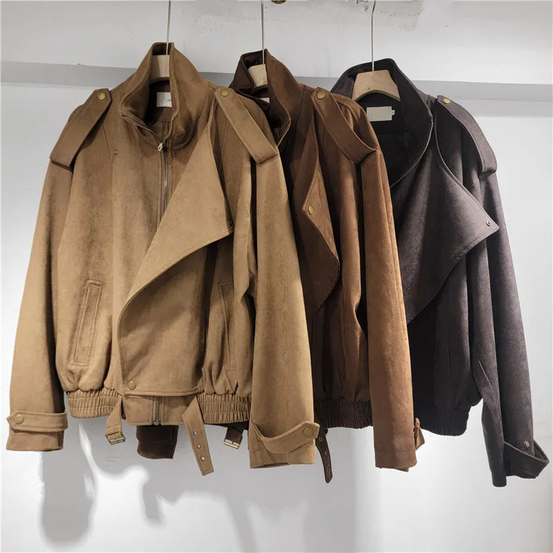 Oversize Brown Premium Suede Jacket for Women Coats Spring Autumn Long Sleeve Leather Fashion Short Jackets Casual Top Outwear