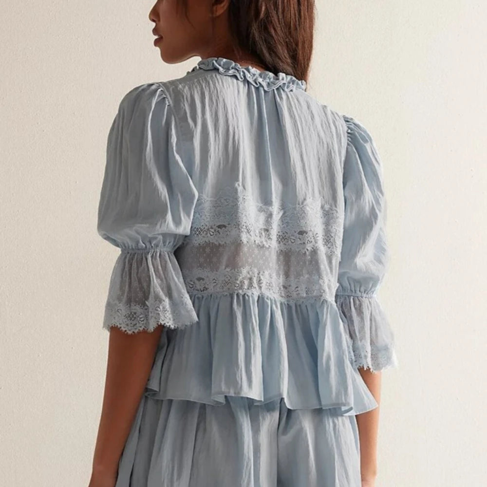 Lace Blouses Shirts for Women Tops Summer Vintage V-Neck Puff Sleeve Loose Fit with Buttons Causal Blouse Cotton Bed Jacket Top