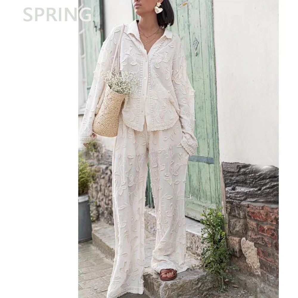 Boho Long Sleeved Blouse Shirt Wide Leg Pants Lace Women Suit White Cotton Foral Jacquard 2 pieces Set Lazy Loose Casual Outfits