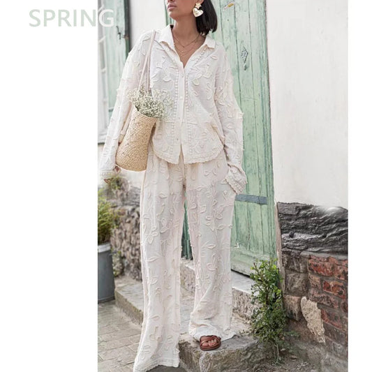 Boho Long Sleeved Blouse Shirt Wide Leg Pants Lace Women Suit White Cotton Foral Jacquard 2 pieces Set Lazy Loose Casual Outfits