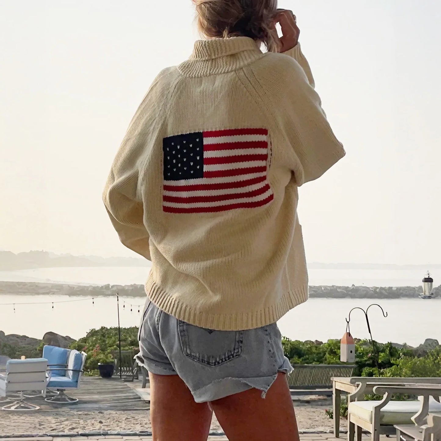 Casual Autumn Winter Warm Flag Pattern Sweaters Cardigan Jumpers Loose Long Sleeved V-neck Boho Beach Sweater for Women Coats
