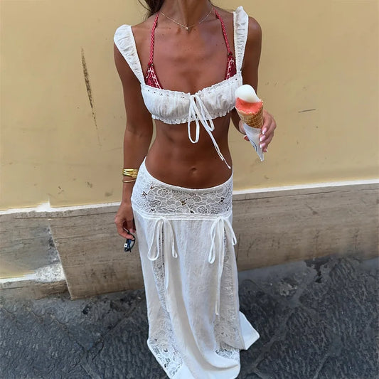 Sexy Sleveless Crop Top Maxi Skirt 2 Pieces Suit Dresses for Women Summer Bikini Cover-up Boho Beach Wear Casual Robe Vestidos