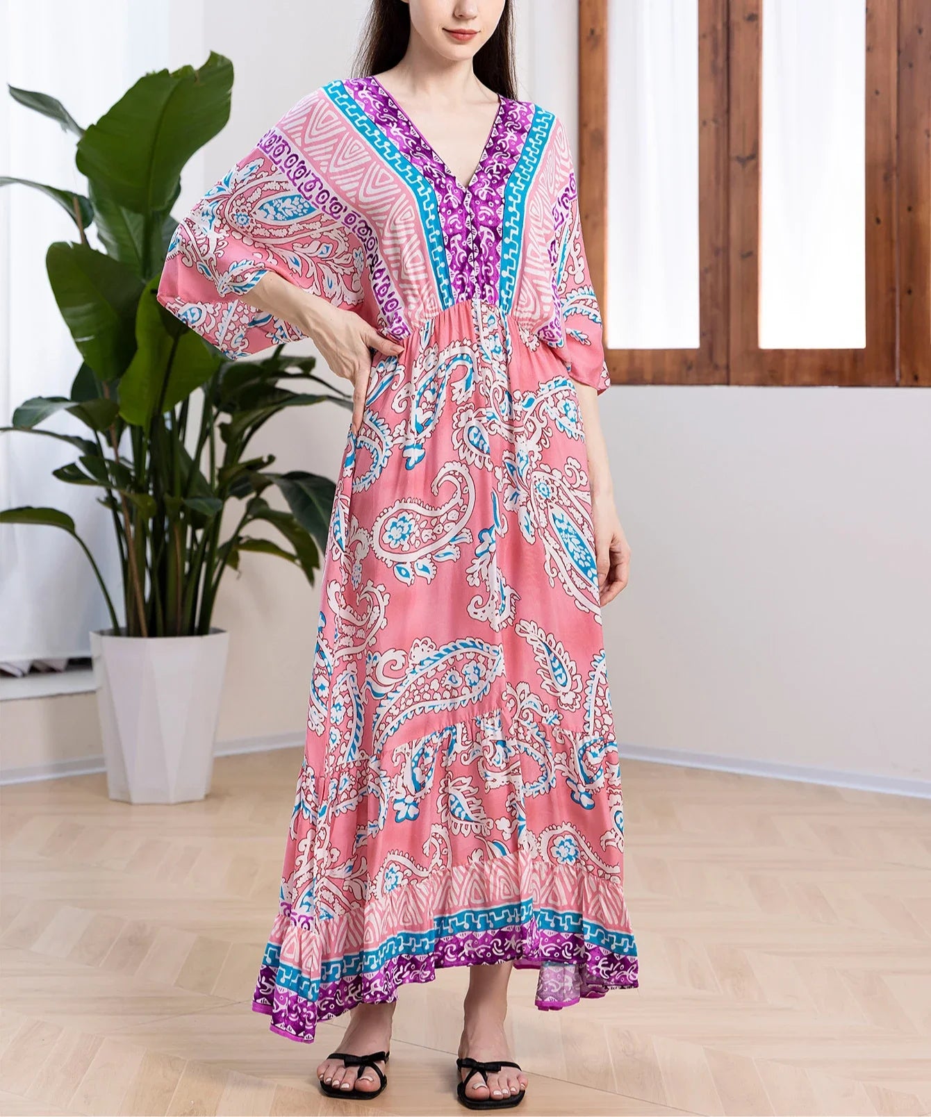 Deep V Neck Cotton Rayon Floral Printed Long Dress Summer Boho Beach Cover up Casual Loose Elastic Waist Maxi Dresses Women Robe