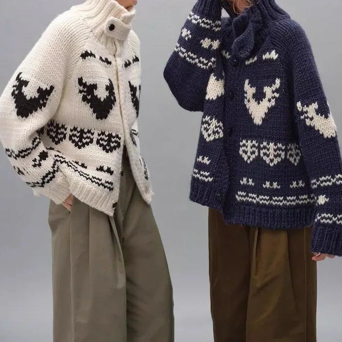 Boho Chunky Knit Sweater Women Jacket knitted Coat Casual Jacquard Turtlneck Thick Warm Winter Pullovers Loose Outwear Jumper