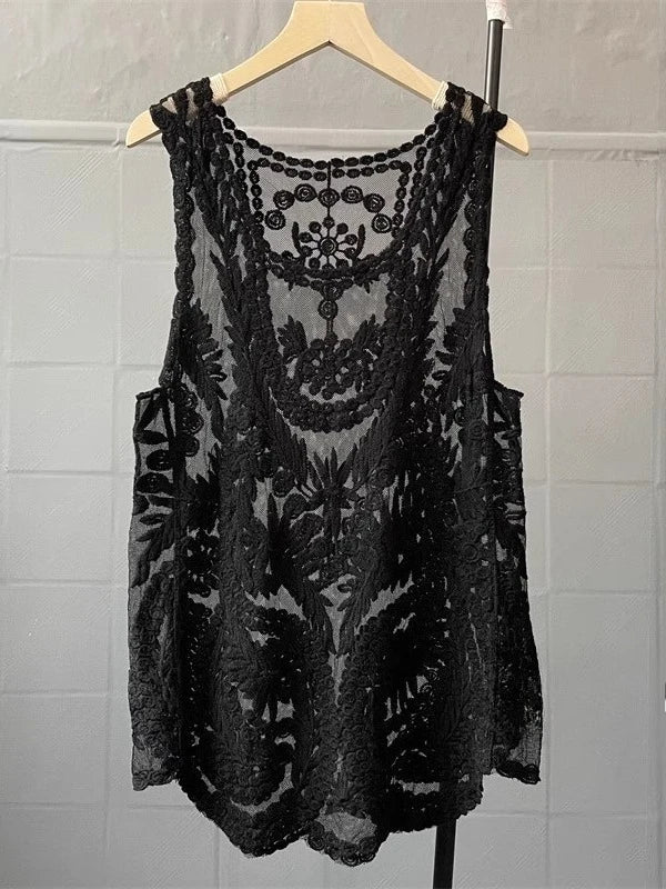 Boho Beach Cover-up Sexy Sleeveless Blouse Shirt Women Lace Top Summer Mini Vestidos Floral Embroidery T-Shirts Tank Tee Shirts