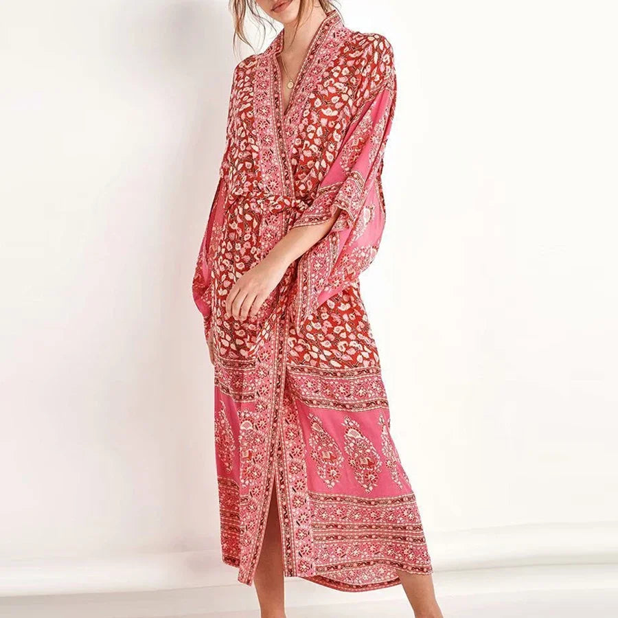 AYUALIN pink Chiffon Floral Print Cover up beach wear Blouse women Vintage Kimono CardiganTops Blusas femme boho swim coverups