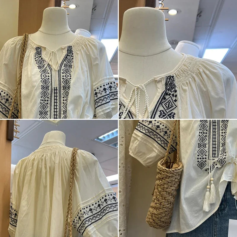 White Cotton Linen Floral Embroidery Blouses Shirts For Women Tops Casual Oversize Loose Blouse Summer Boho Beach Shirt Blusas