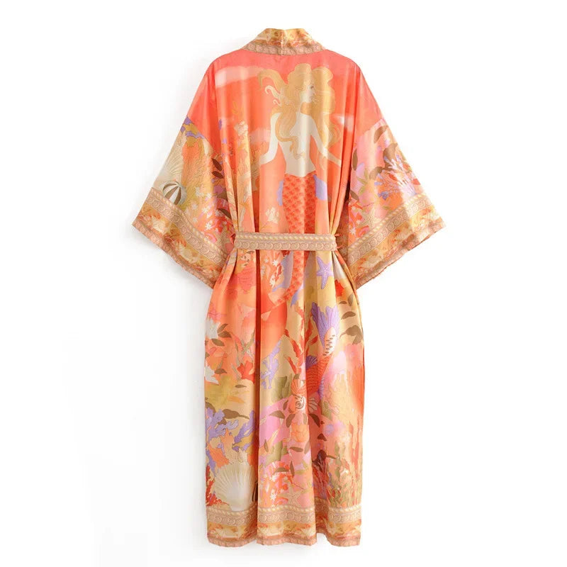 AYUALIN Floral Print Kimono Cardigan Long Blouse Fer Women Swim Cover Up Summer 2025 Boho Kaftan Beach  Femme Blouses Vestidos