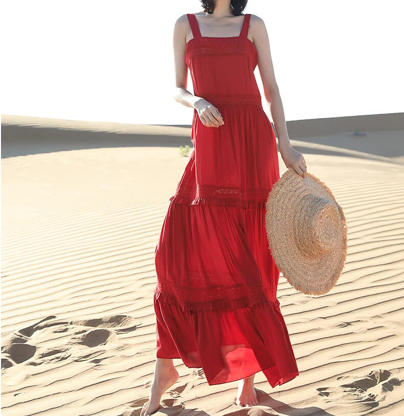 Bohemia White Cotton Lace Strap Long Dresses Women Vintage Casual Sleeveless Strap Dress Summer Holiday Boho Beach Party Robe