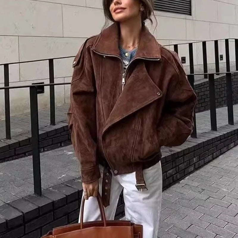 Brown Retro Maillard Jackets for Women Coats Cool Lapel Suede Motorcycle Jacket Autumn Winter Warm Loose Short Coat Outwear