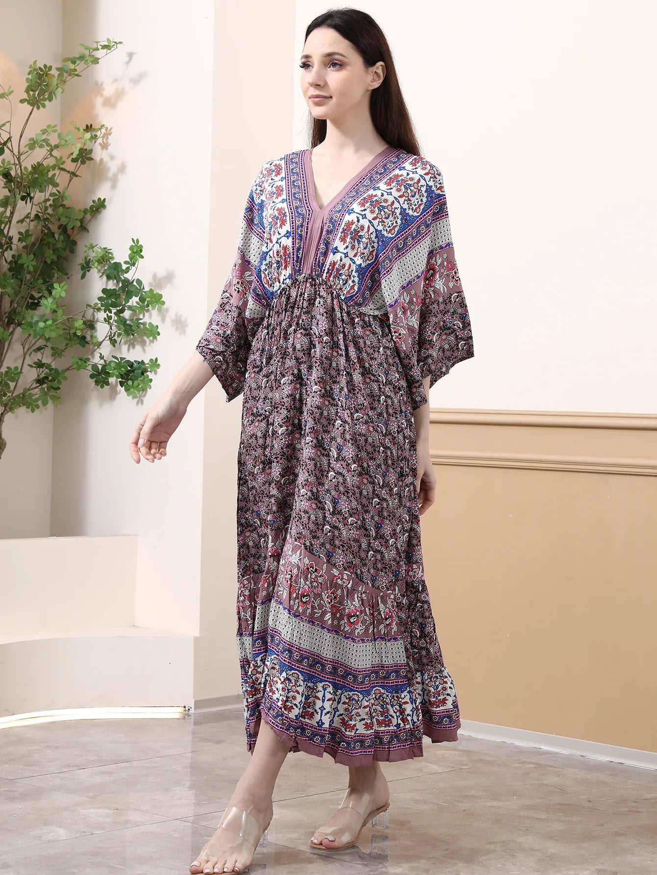 Deep V Neck Cotton Rayon Floral Printed Long Dress Summer Boho Beach Cover up Casual Loose Elastic Waist Maxi Dresses Women Robe
