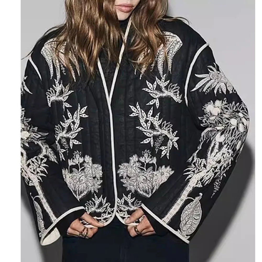 Bohemia Cotton Quilted Jacket Women Coat Vintage Black White Floral Print Long Sleeve Coats Spring Autumn Outwear Warm Jackets