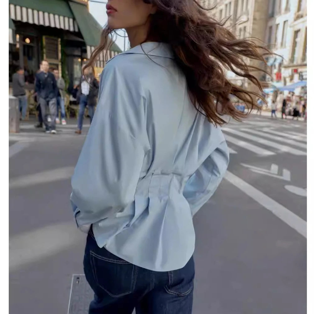 Long-sleeved Women Blouse Shirt  with A Fitted Waist and Pleated Design White 100% Cotton Casual Office Blouses Shirts Lady Tops