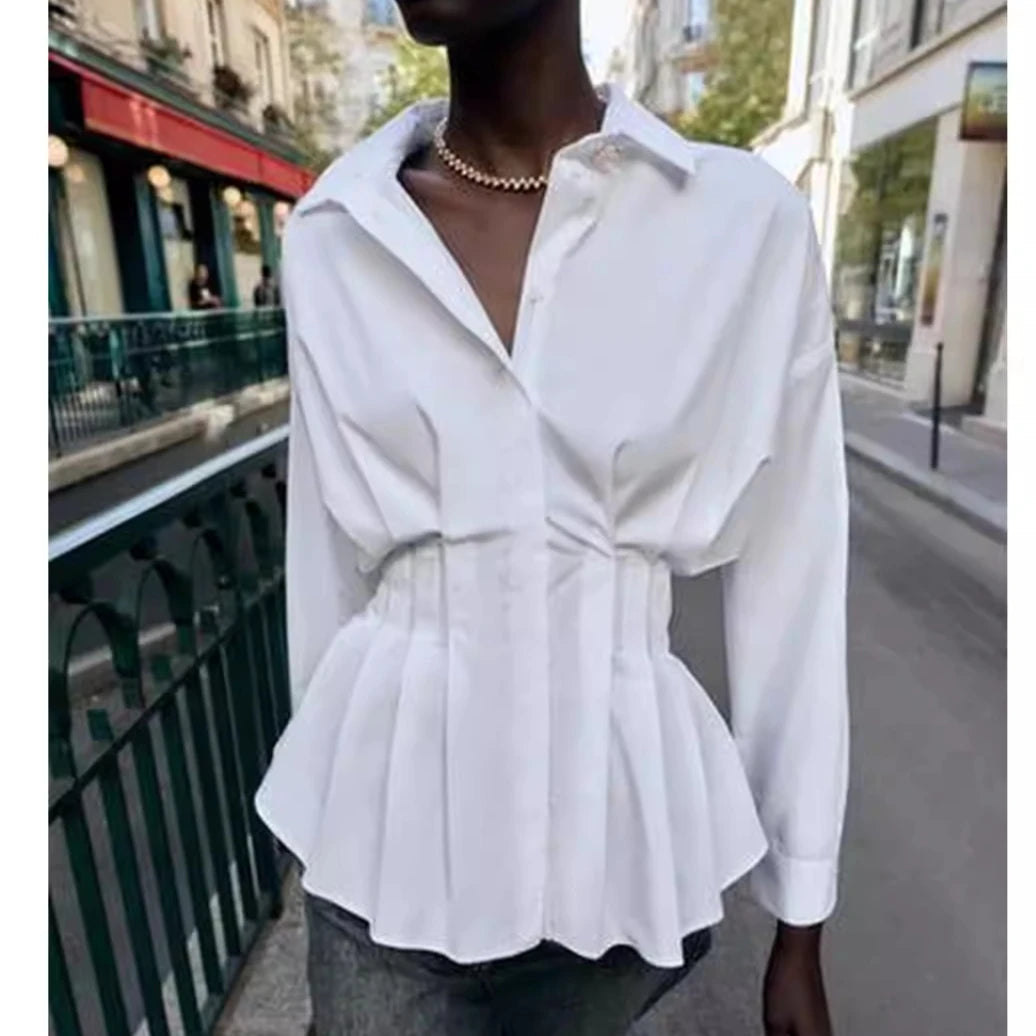 Long-sleeved Women Blouse Shirt  with A Fitted Waist and Pleated Design White 100% Cotton Casual Office Blouses Shirts Lady Tops