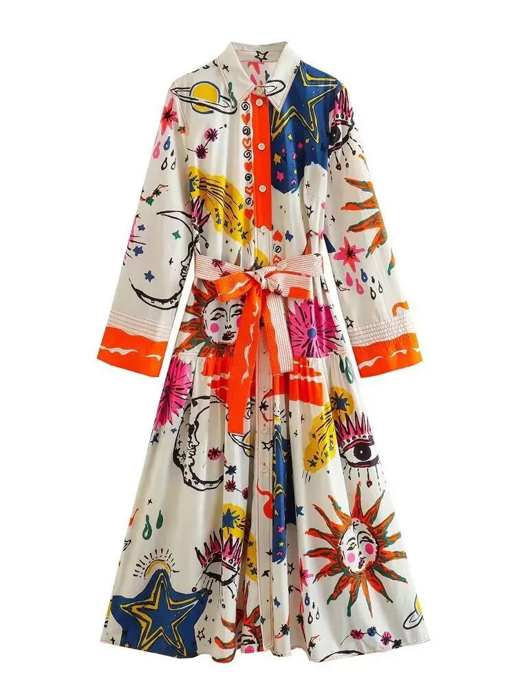 Long Shirt Dresses with Sashes for Women Front Butttons Up Cotton Rayon Pop Printed Boho Beach Holiday Dress Long Sleeve Tunic