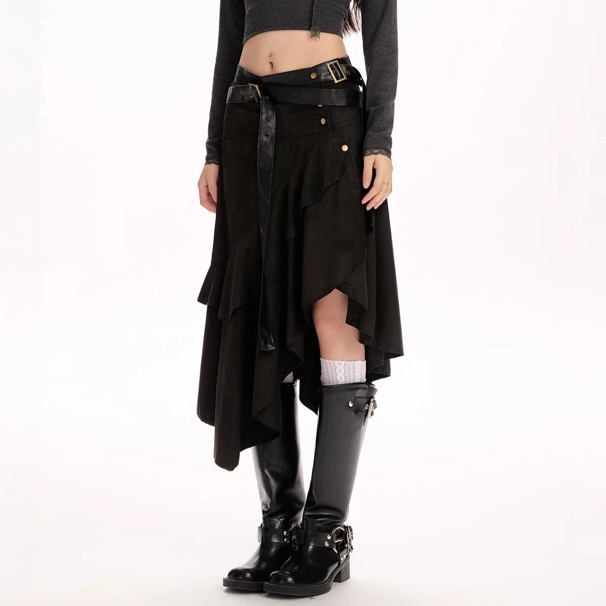 Bohemian Hippie Suede Skirts for Women Vintage Irregular Ruffled Edge Belt Skirt Autumn Winter A-line Boho Beach Leather Faldas