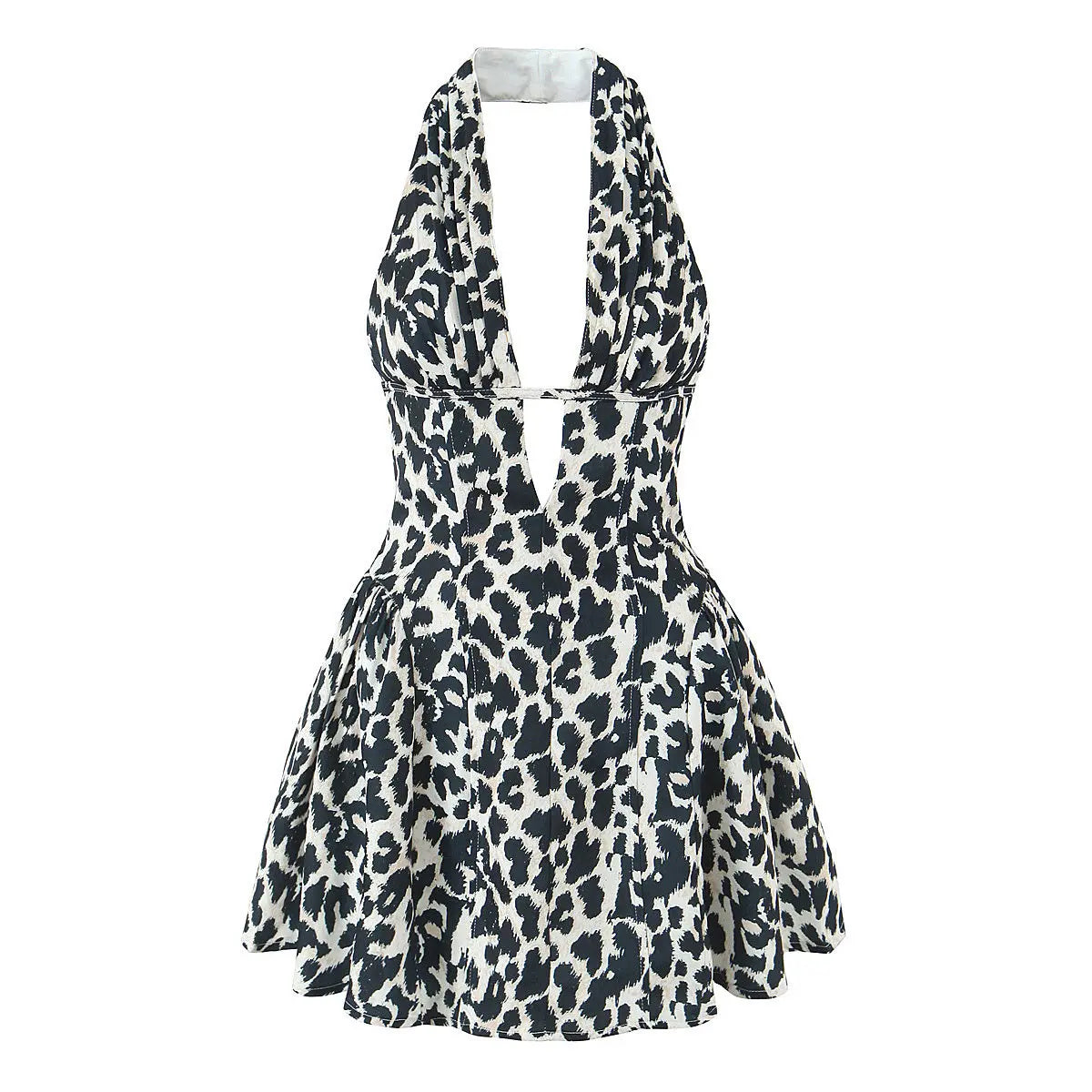 Sexy Deep V-neck Backless Mini Dresses Women Summer Cinched Waist Vintage Halter Neckline Sweet Spicy Girl  Boho Beach Dress