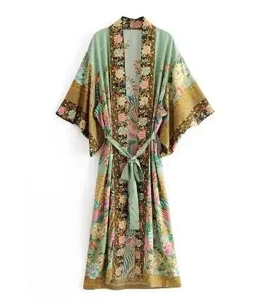 AYUALIN Kimono Wrapped Dress for Women Rayon Boho Green Floral Print Summer Dresses Beach Wear Long Dresses Vestidos Verano 2024