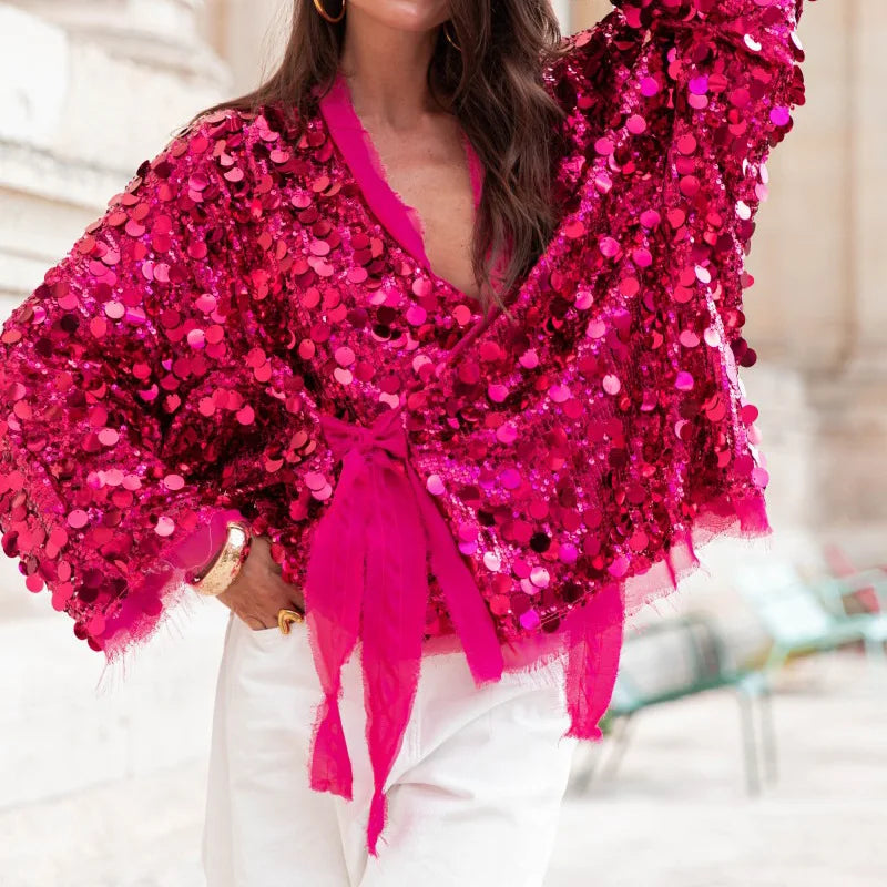 Boho Chiffon Sequin Splicing Jackets Women's Blouses Shirts Oversize Loose Long Sleeve Holiday Jacket Lace-up Beach Wear Outfit